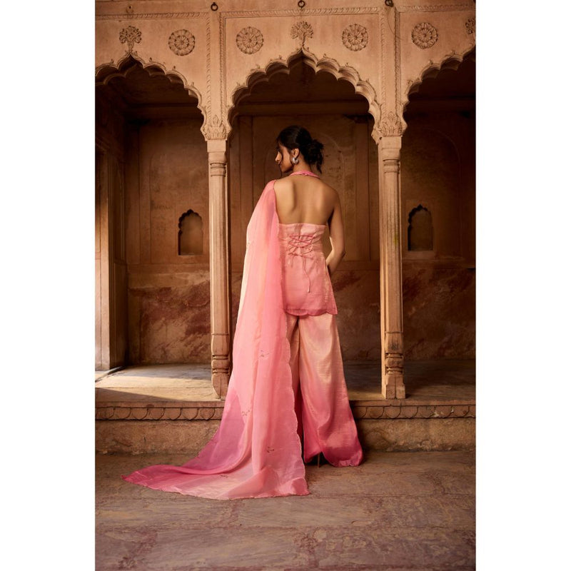 Saanjh by Lea Saabat Pink Ombre Floral Embroidered Sharara with Kurti and Dupatta