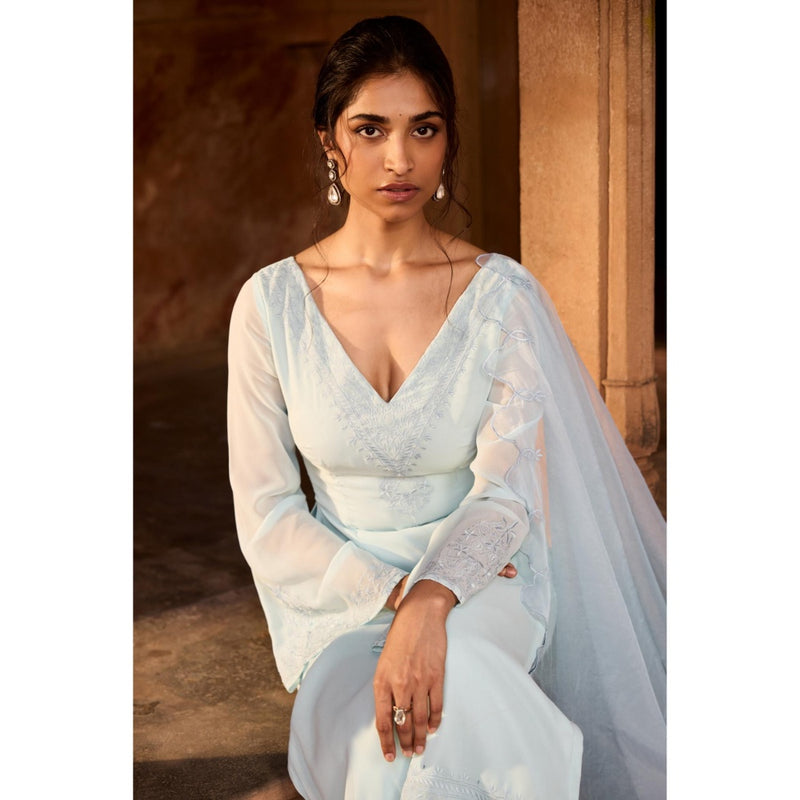 Saanjh by Lea Shafika Baby Blue Georgette Pakistani Style Kurta with Palazzo and Dupatta