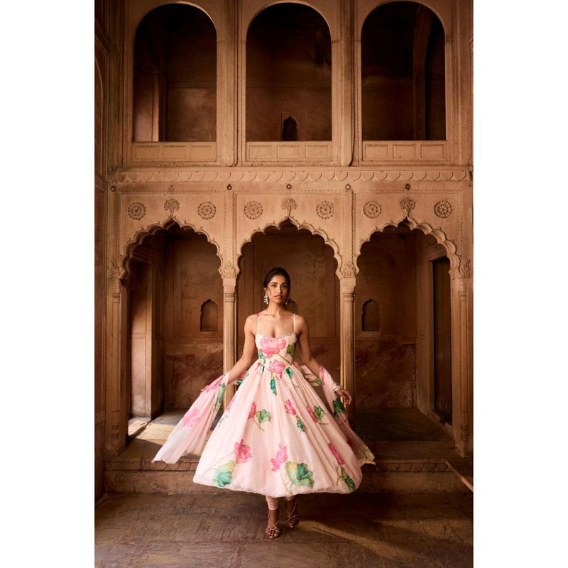 Saanjh by Lea Ziya Pink Floral Printed Corset Anarkali Kurta with Churidar Pant and Dupatta