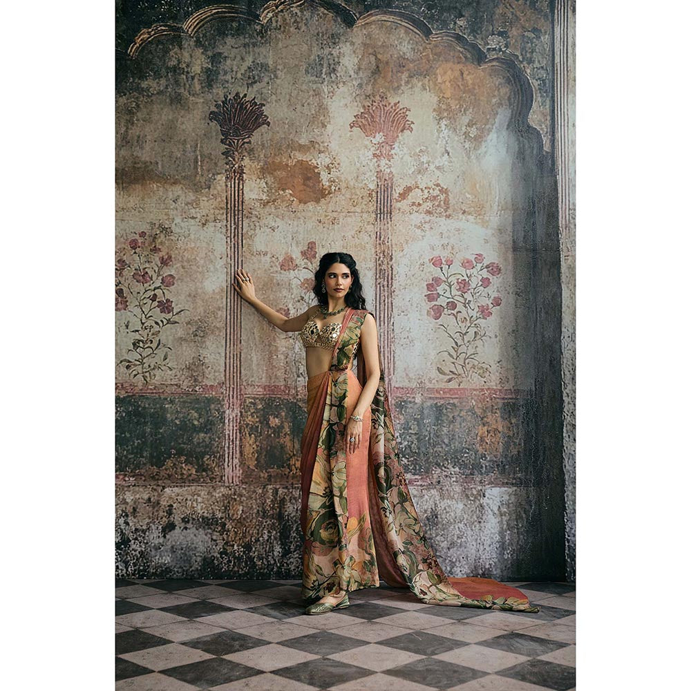 Saanjh by Lea Womens Printed Multi-Color Pre-Draped Saree with Stitched Blouse