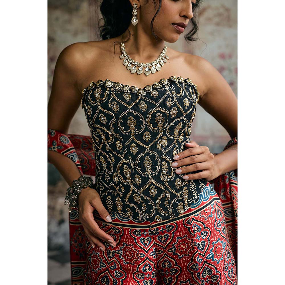 Saanjh by Lea Multi-Colour Rhea Ajrakh Hand Embroidered Corset Top With Sharara And Dupatta