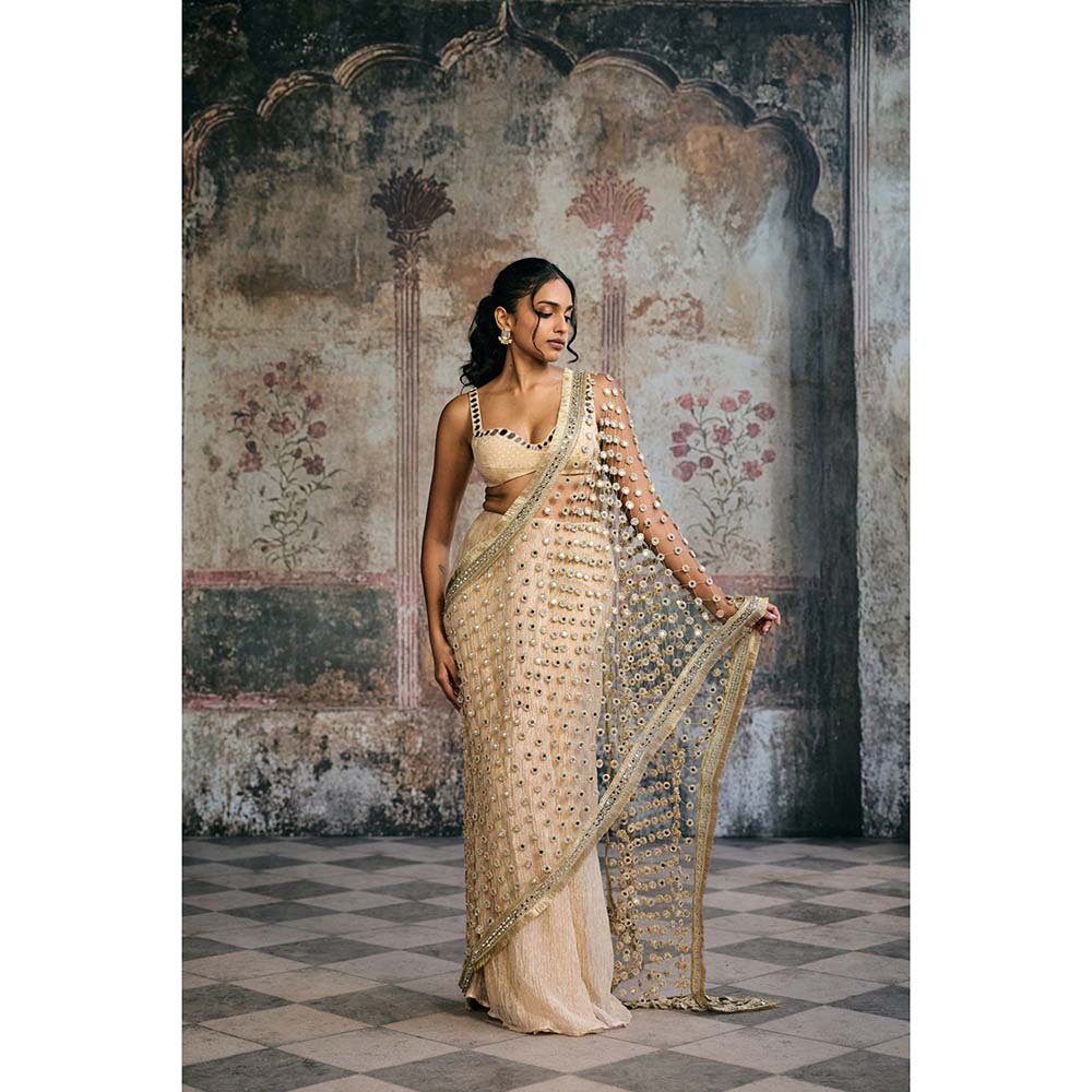 Saanjh by Lea Beige Sayra Mirror Pre-Draped Saree with Stitched Blouse