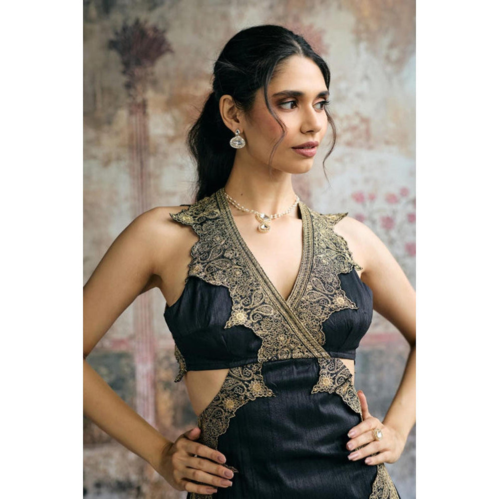 Saanjh by Lea Kaia Black and Gold Silk Embroidered Kurta with Pant and Dupatta