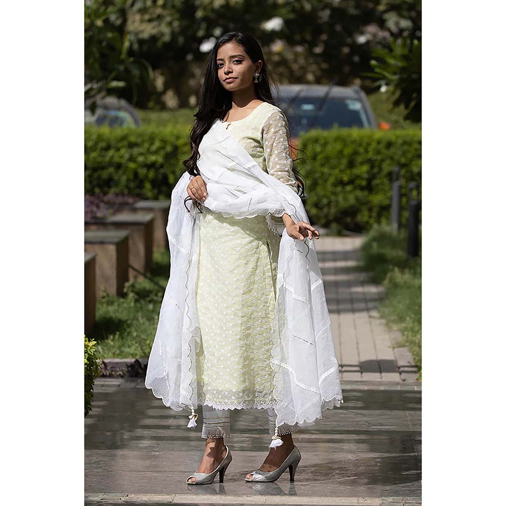 Saatvikei Kesar - Green Kurta with Pant and Dupatta (Set of 3)