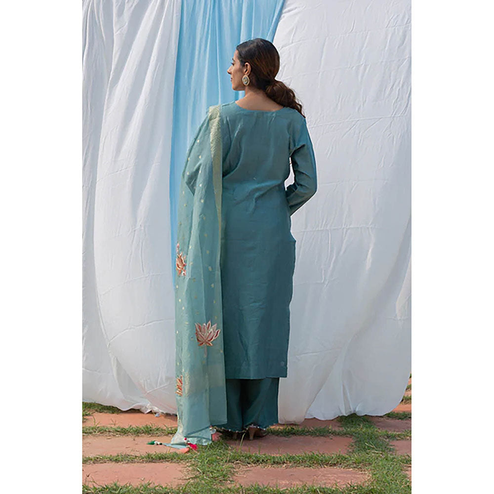 Saatvikei Lotus - Powder Blue Kurta with Pant and Dupatta (Set of 3)