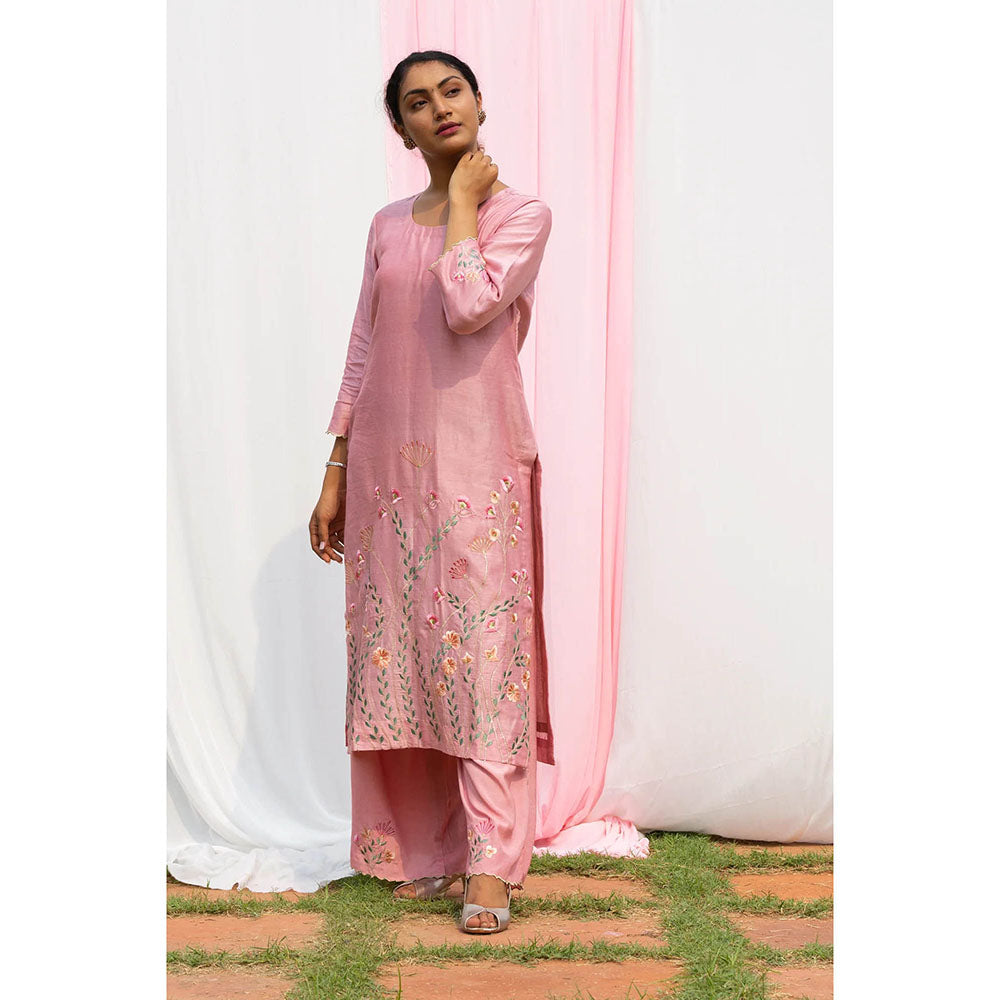 Saatvikei Nidhi - Onion Pink Kurta with Palazzo and Dupatta (Set of 3)