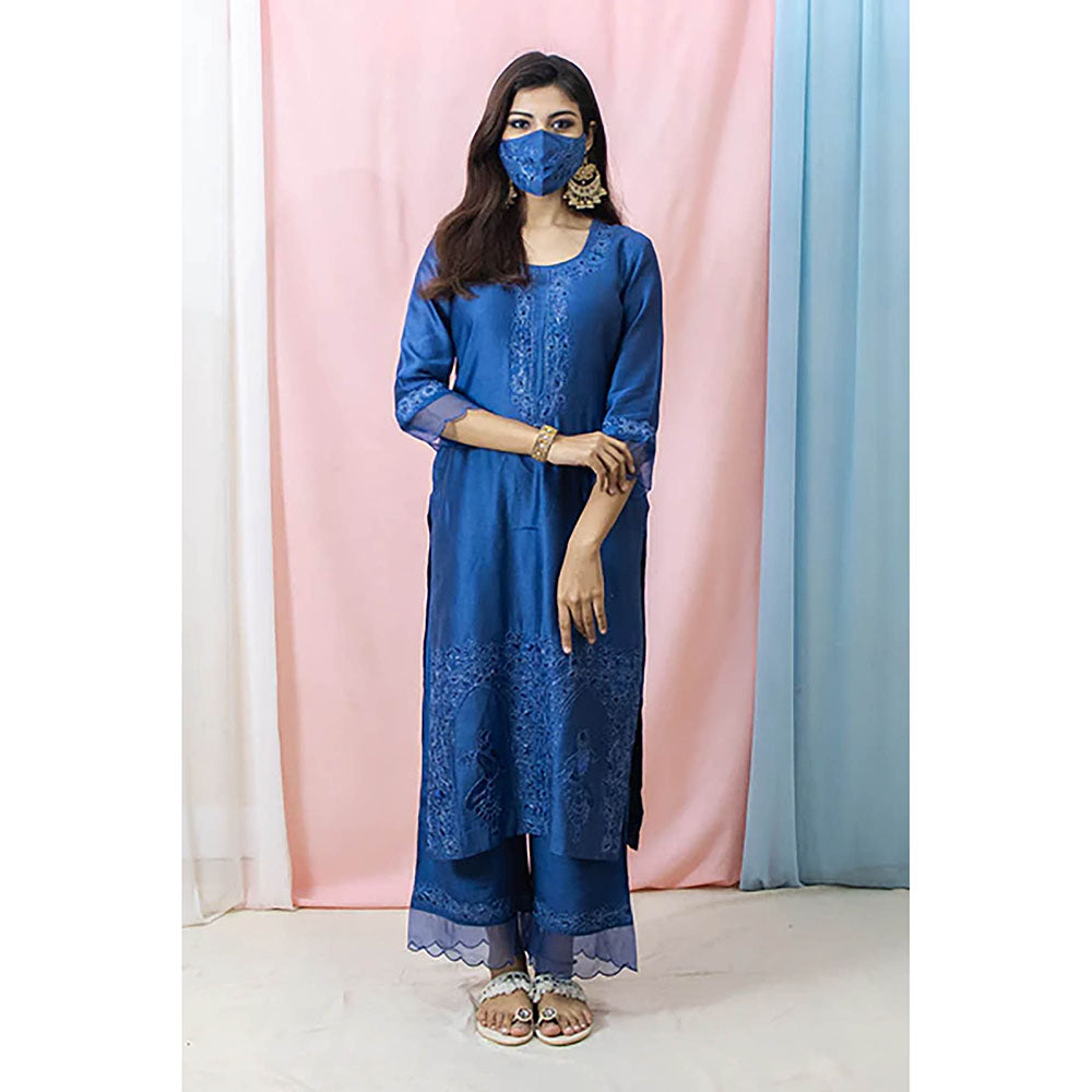 Saatvikei Raasika - Midnight Blue Kurta with Palazzo and Dupatta (Set of 3)