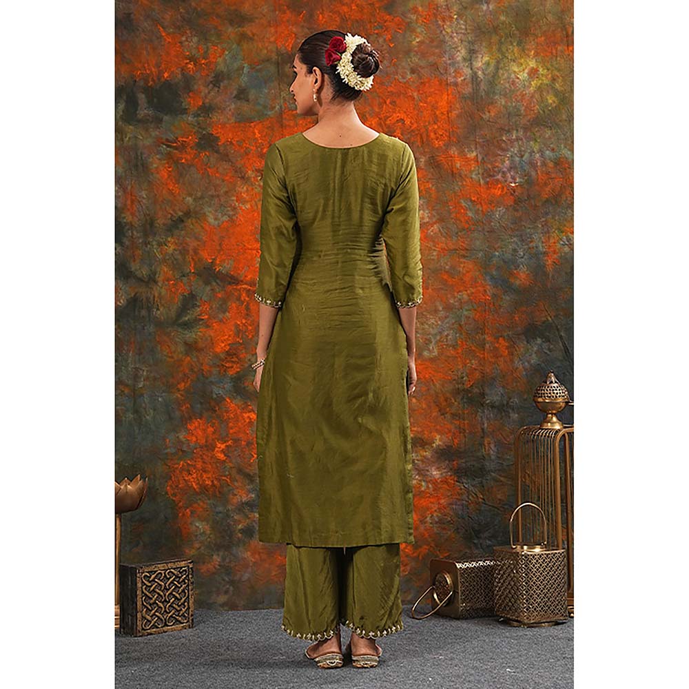 Saatvikei Raj - Olive Green Kurta with Palazzo and Dupatta (Set of 3)