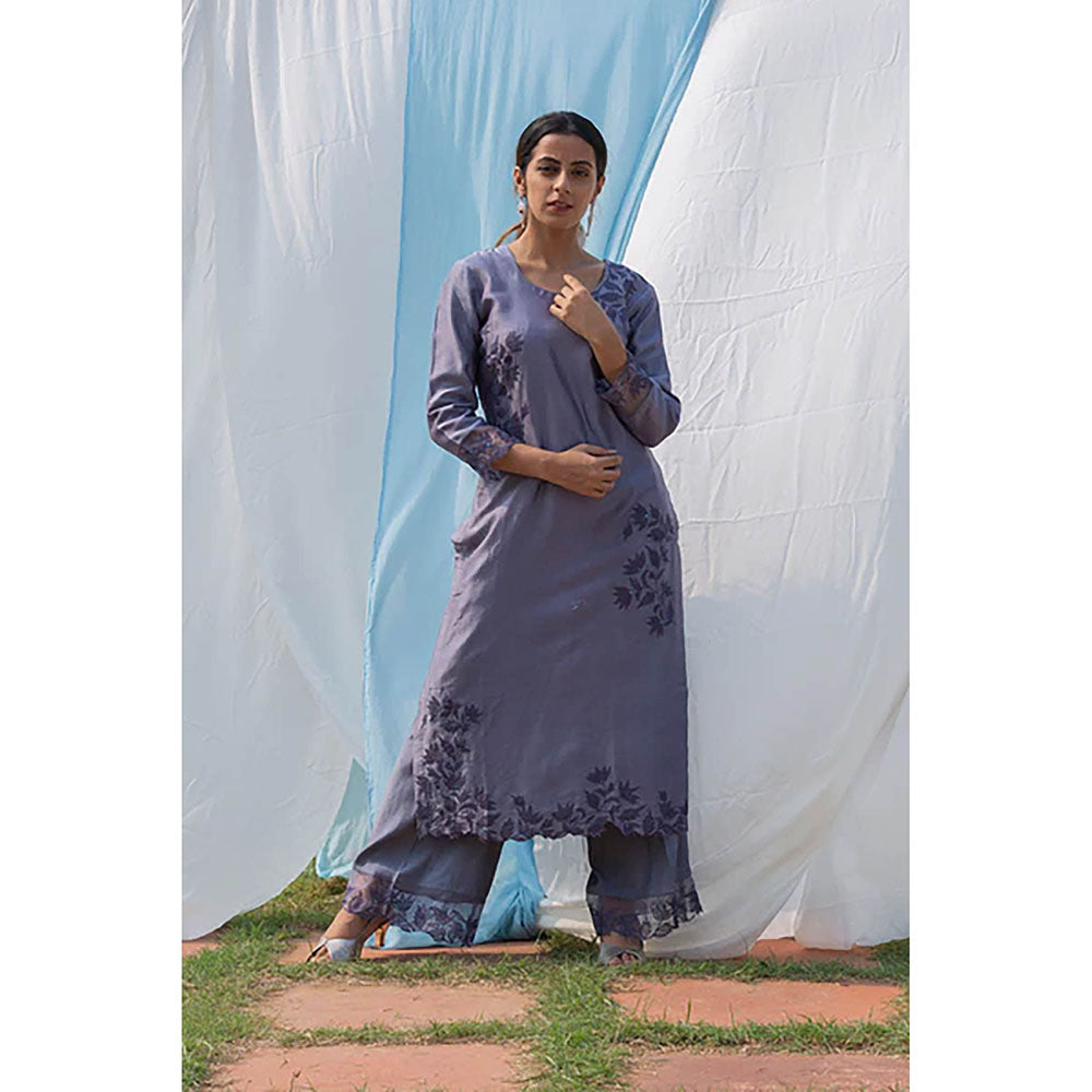 Saatvikei Rajdulari - Dark Grey Kurta with Palazzo and Dupatta (Set of 3)