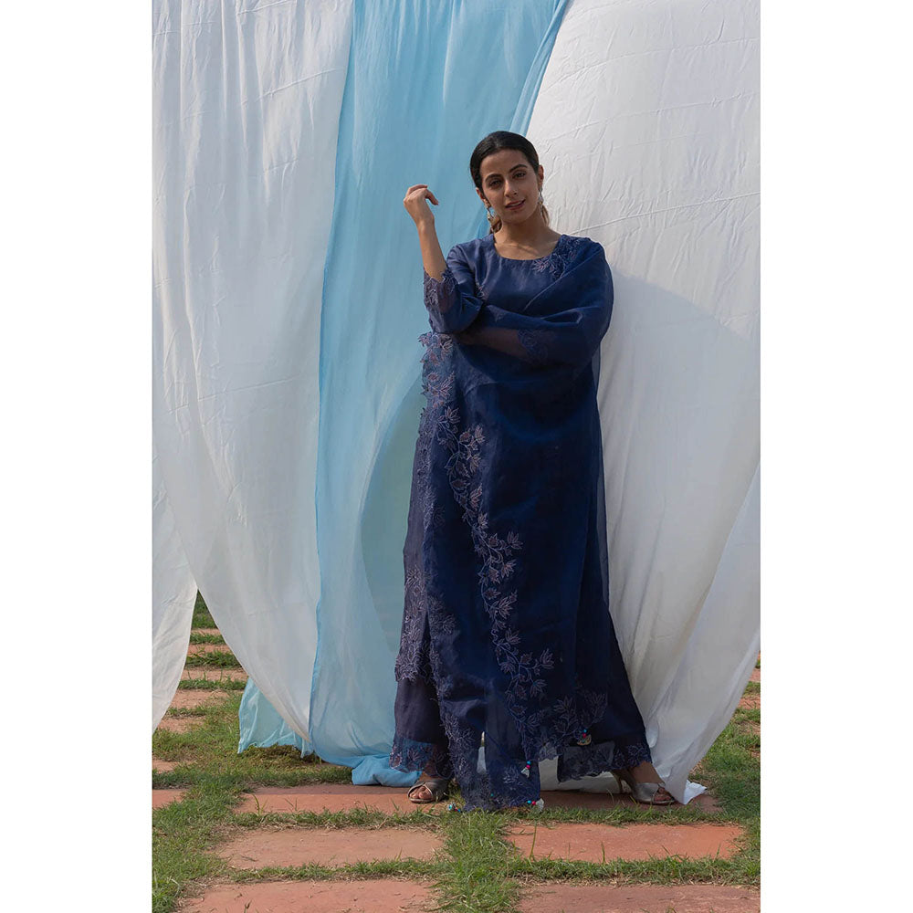 Saatvikei Rajdulari - Midnight Blue Kurta with Palazzo and Dupatta (Set of 3)