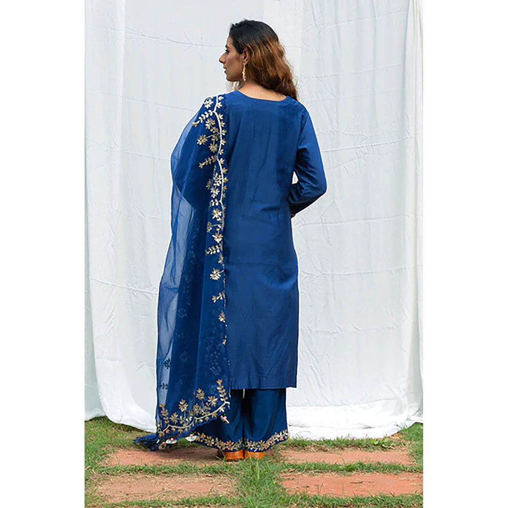 Saatvikei Rajshree - Midnight Blue Kurta with Palazzo and Dupatta (Set of 3)
