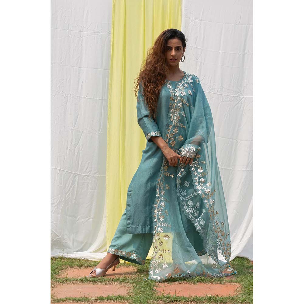 Saatvikei Rajshree - Powder Blue Kurta with Palazzo and Dupatta (Set of 3)