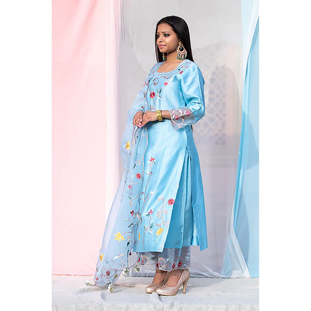 Saatvikei Sarla - Sky Blue Kurta with Palazzo and Dupatta (Set of 3)