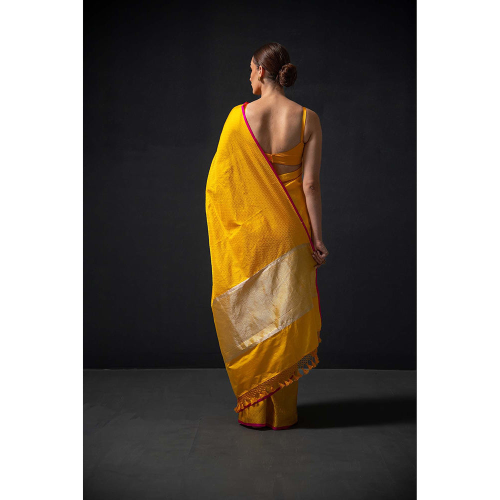 Sacred Weaves Yellow Satin Tanchoi Handloom Banarasi Saree Without Blouse