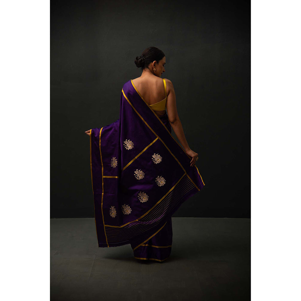Sacred Weaves Purple Minakari Booti Satin Silk Handloom Banarasi Saree Without Blouse