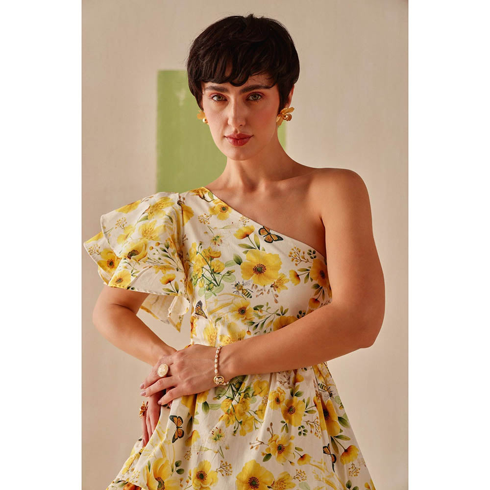 Sage By Mala Yellow Floral Printed Zahara Dress