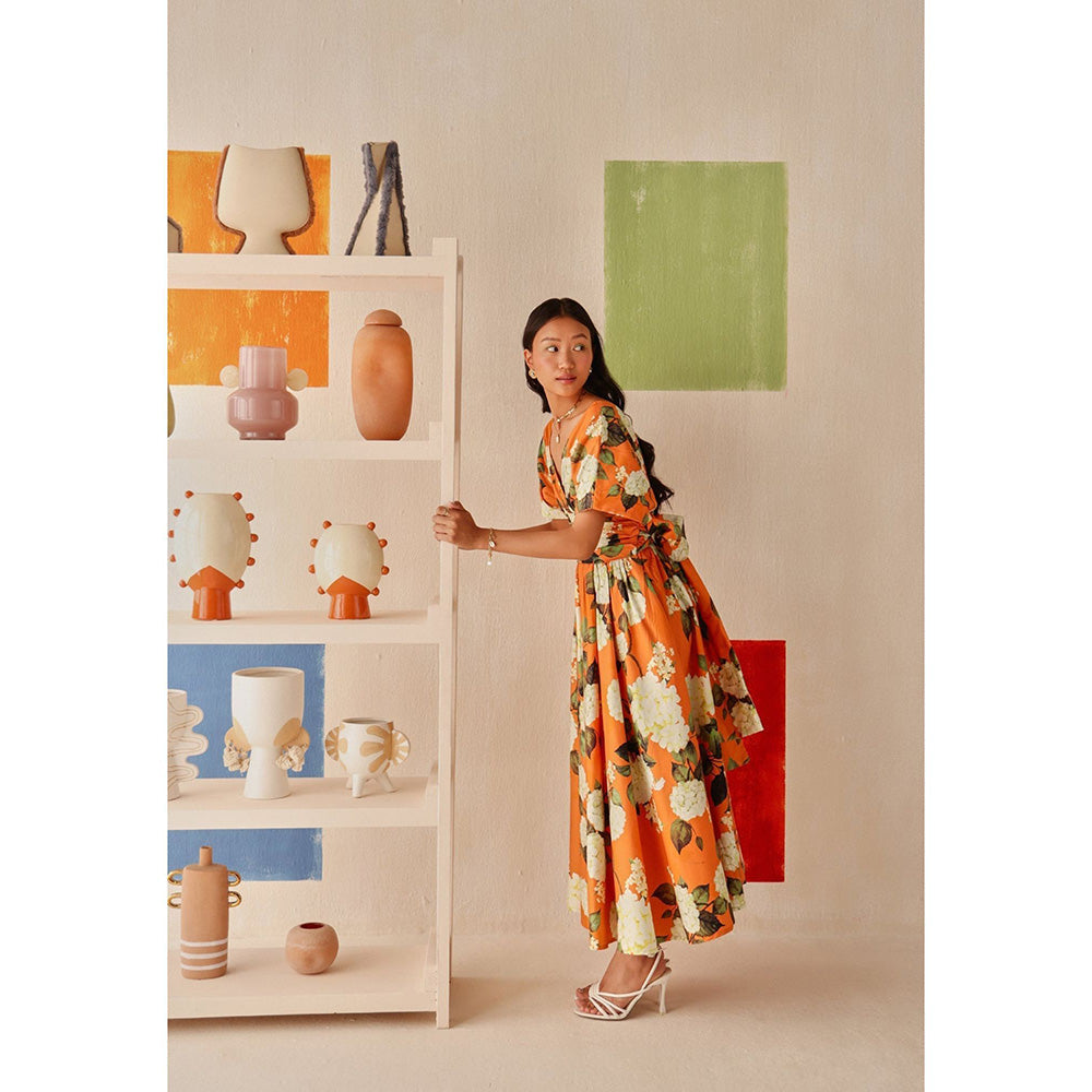 Sage By Mala Orange Floral Printed Valencia Dress