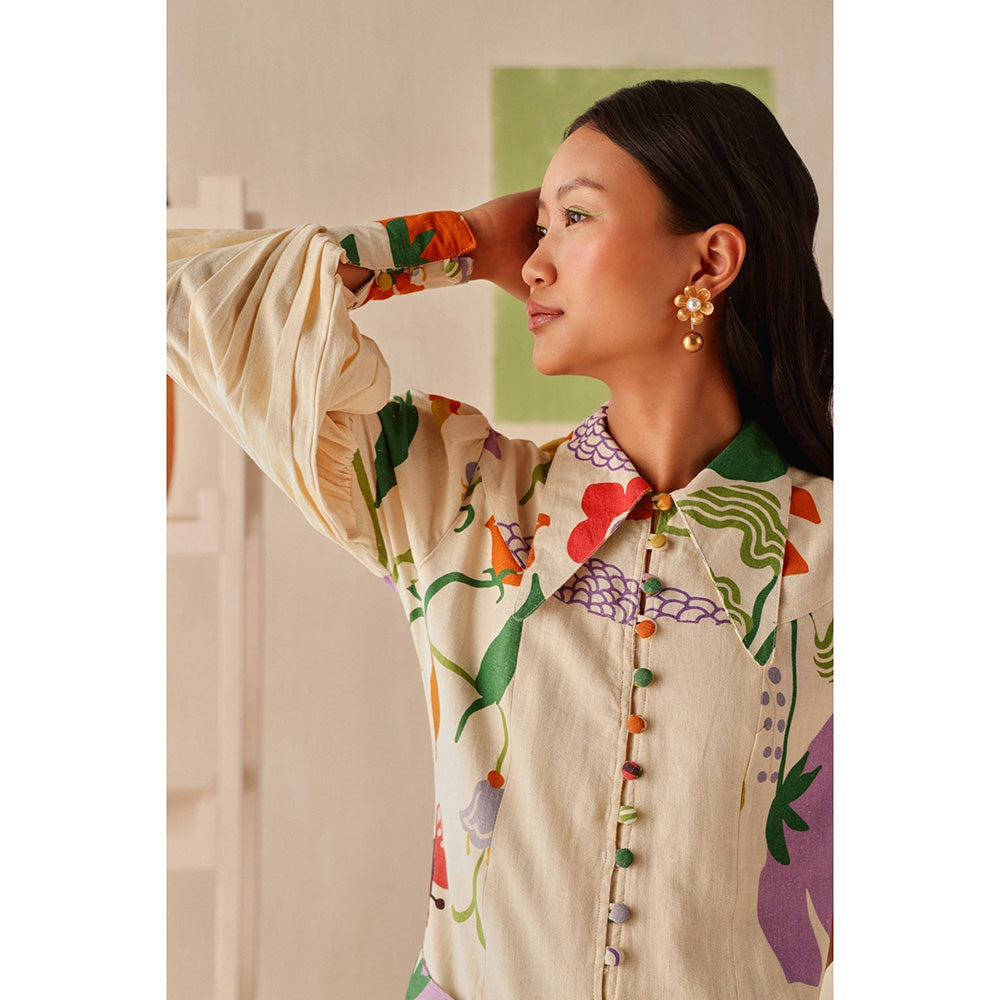 Sage By Mala Cream Floral Printed Jardin Dress