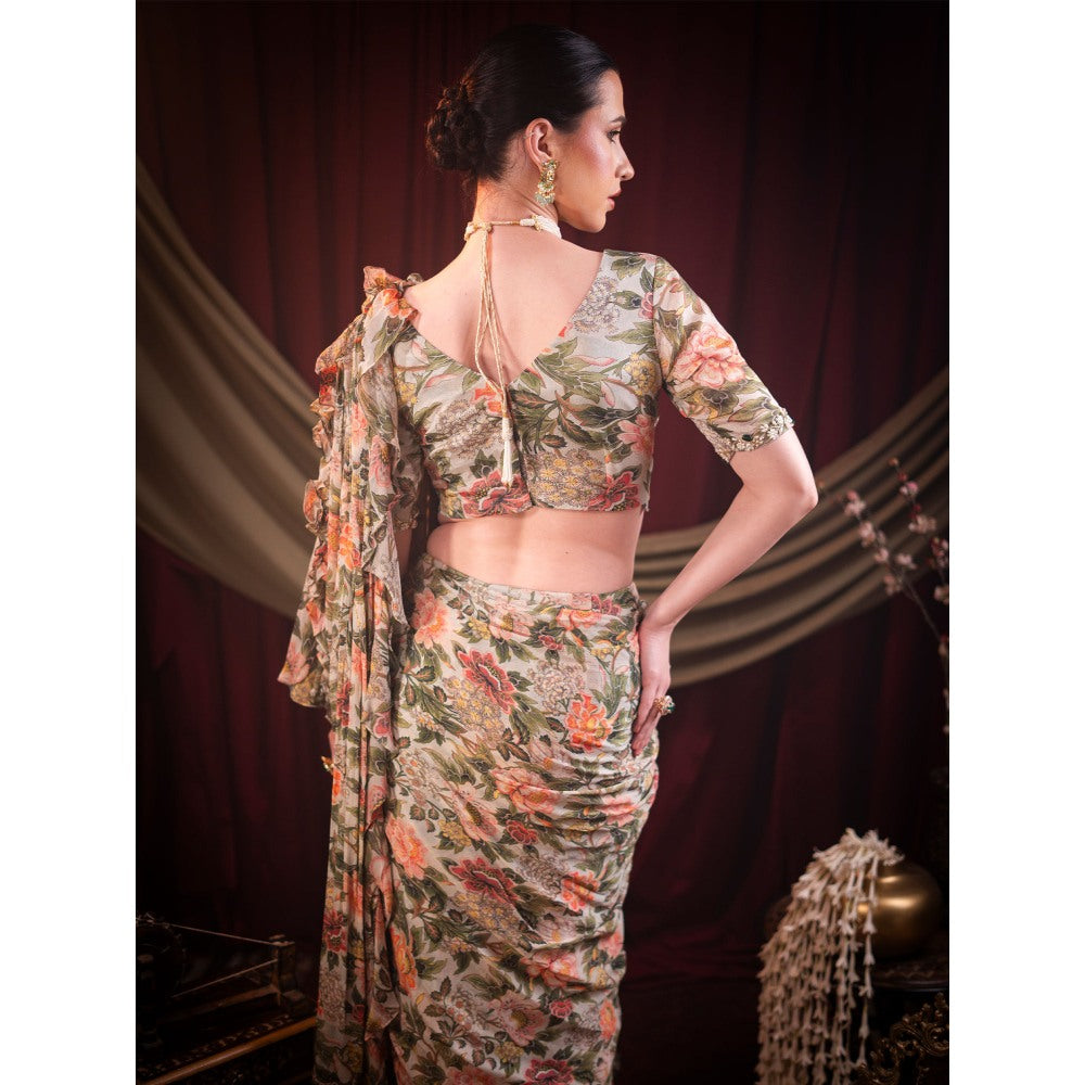 Sainy Garg Couture Multi-Colour Nirvana Fusion Pre-Drape Saree with Stitched Blouse
