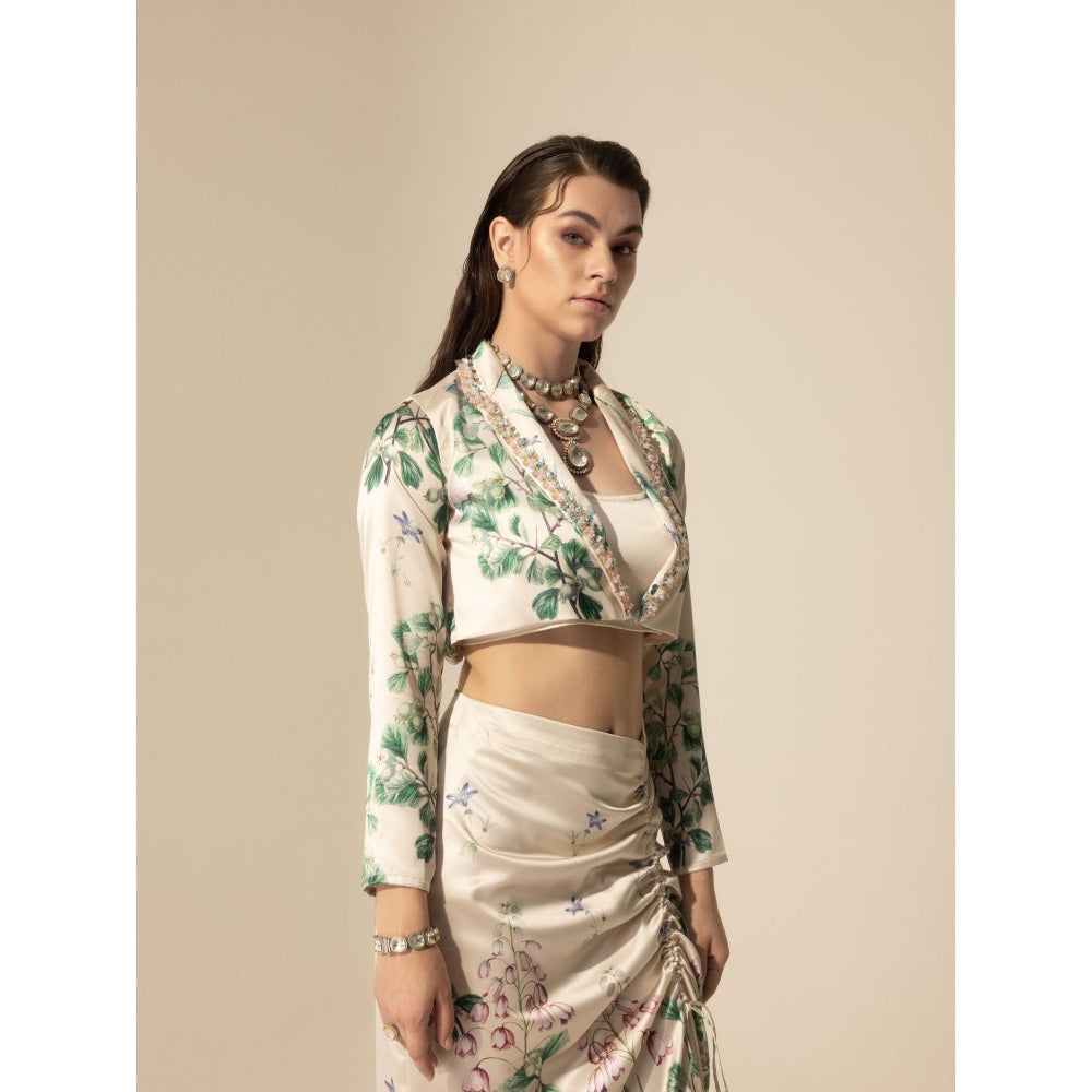Sakshi Girri Beige Botanical Cropped Blazer with Skirt (Set of 2)