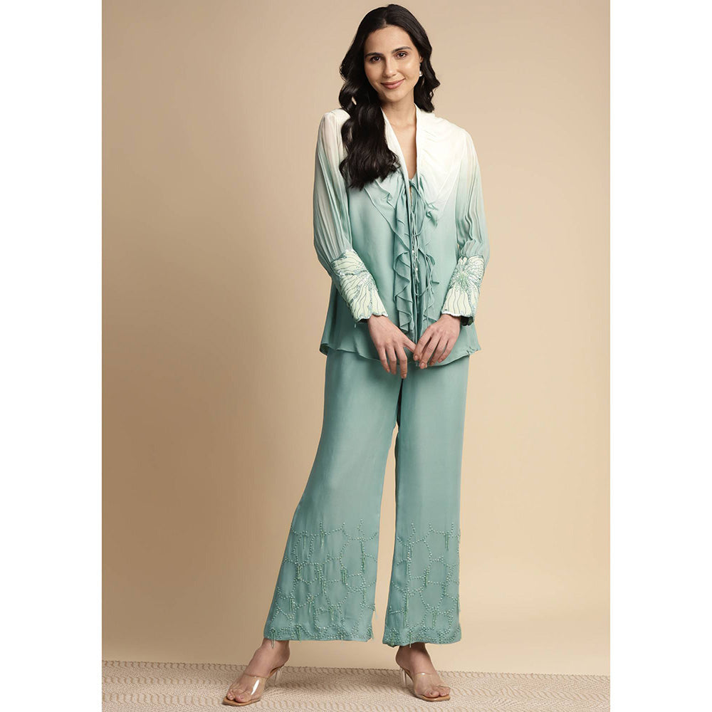 SAKSHI KHETTERPAL Mint Green Ombre Ruffle Tie-Up Co-Ord (Set of 2)