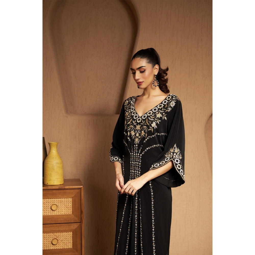 SAKSHI G CHAWLA Crepe V-Neck Black Embroidered Kaftan Dress