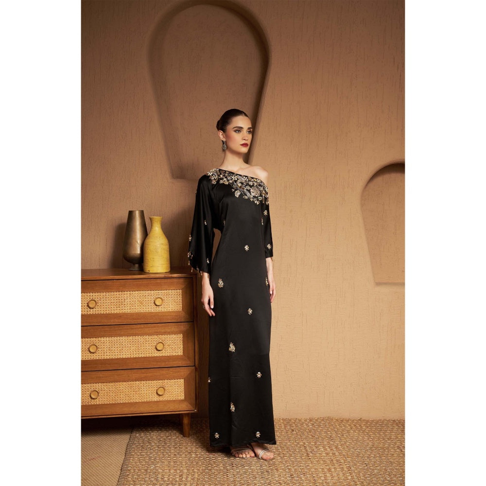 SAKSHI G CHAWLA Crepe Off Shoulder Black Embroidered Kaftan Dress