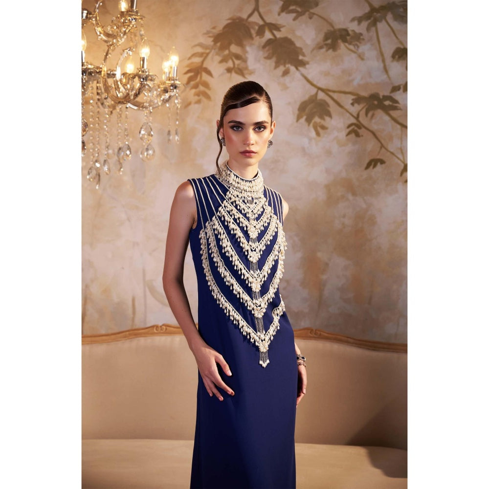 SAKSHI G CHAWLA Georgette Turtle Neck Blue Embroidered Kaftan Dress
