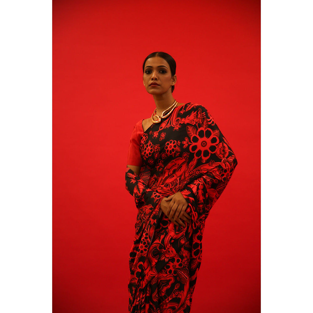 Saksham & Neharicka Red And Black Saree In Satin with Unstitched Blouse