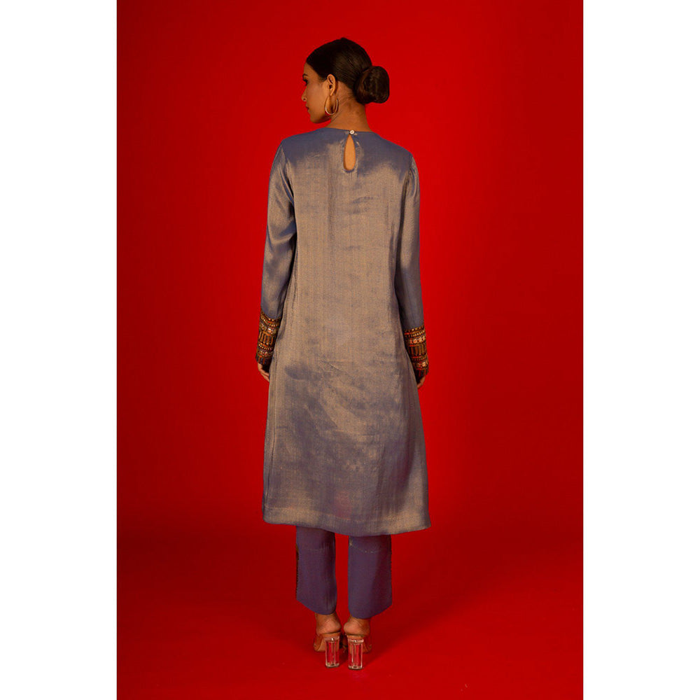 Saksham & Neharicka Blue Hand Embroidered Metal Kurta In Silk Tissue with Pant (Set of 2)