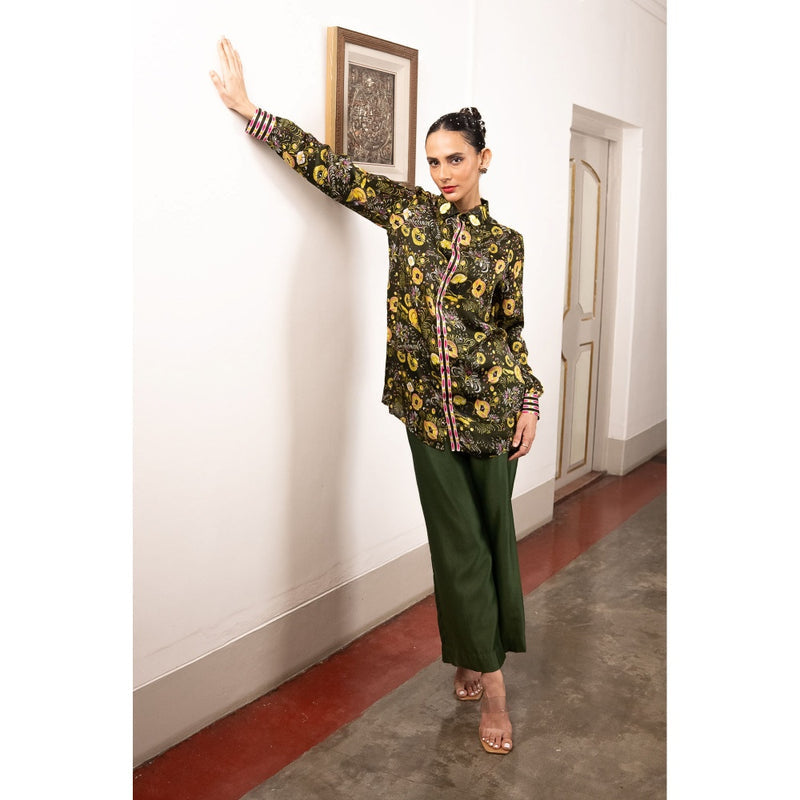 Saksham & Neharicka Green Printed Satin Shirt