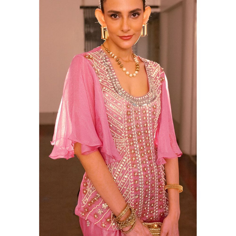 Saksham & Neharicka Pink Embellished Ready To Wear Saree with Stitched Blouse