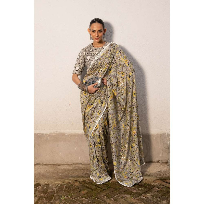 Saksham & Neharicka Grey Printed Saree with Stitched Blouse
