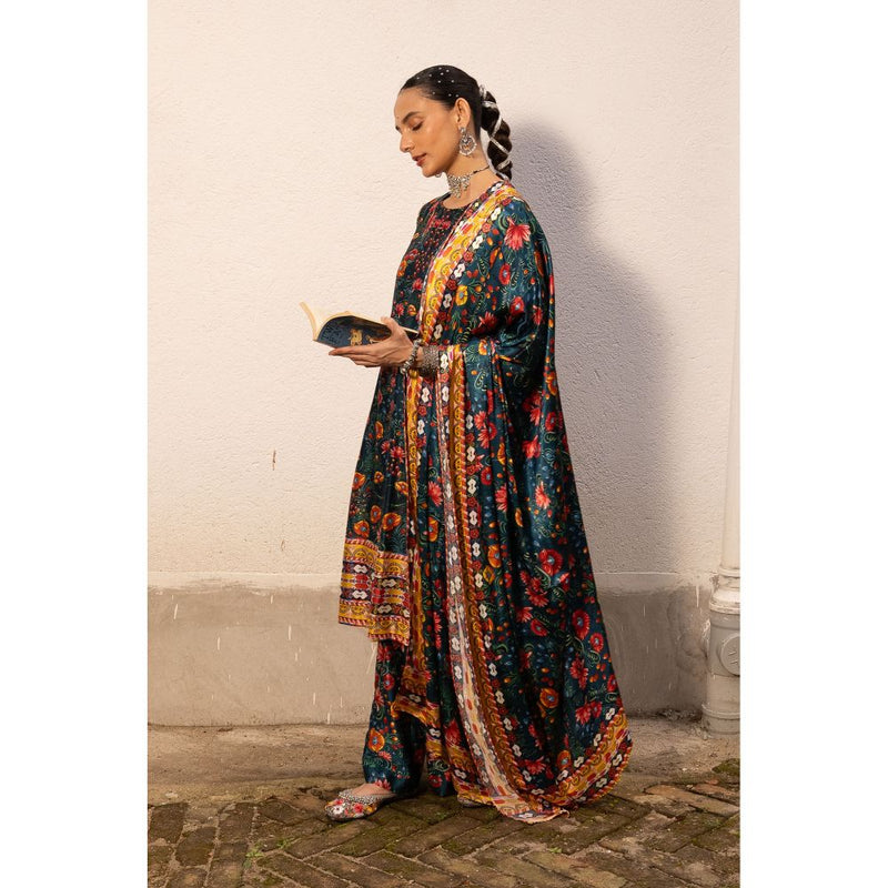 Saksham & Neharicka Green Printed Kurta with Palazzo and Dupatta (Set of 3)