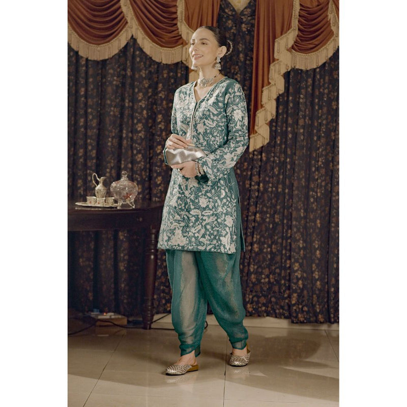 Saksham & Neharicka Teal Embroidered Kurta with Dhoti and Dupatta (Set of 3)