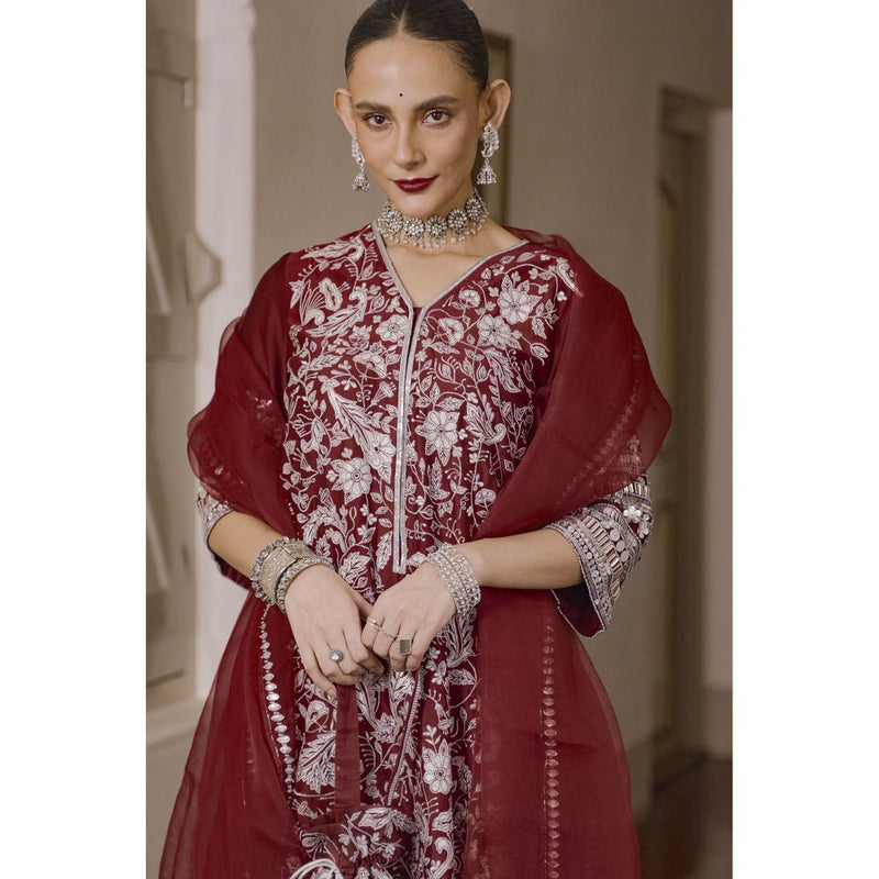 Saksham & Neharicka Maroon Embroidered Kurta with Pant and Dupatta (Set of 3)