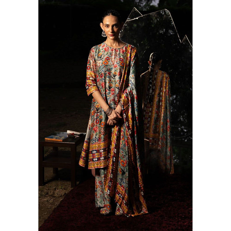 Saksham & Neharicka Grey Printed Kurta with Palazzo and Dupatta (Set of 3)