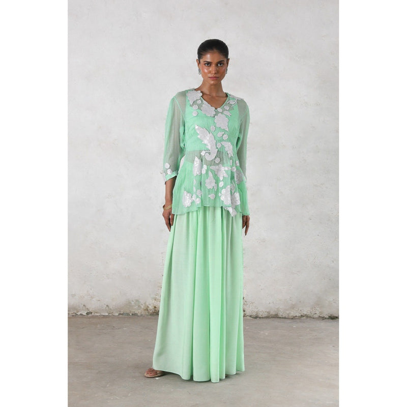 Saksham & Neharicka Green Tara Pallazzo with Top and Bustier (Set of 3)