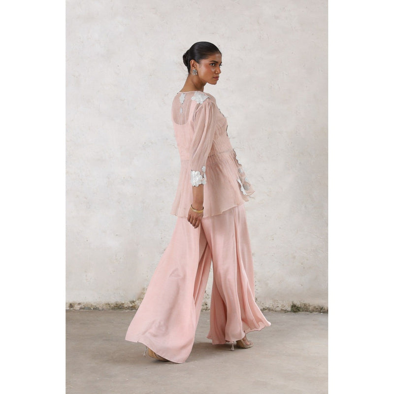 Saksham & Neharicka Pink Maitreyi Palazzo with Bustier and Top (Set of 3)