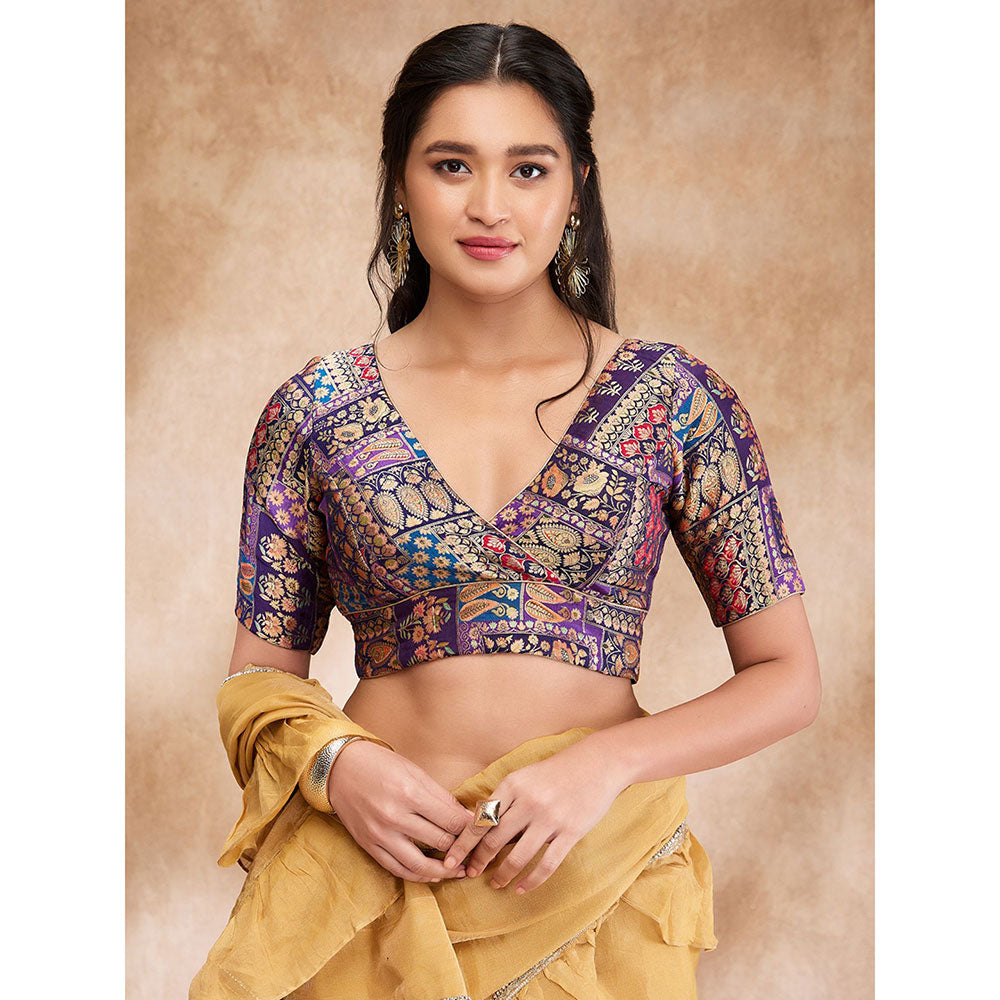 SALWAR STUDIO Purple Brocade Woven V Neck Sleeve Zari Blouse – Nykaa Fashion