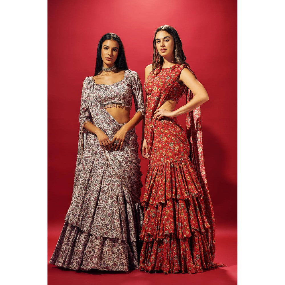 SAMMOHI BY MOKSHA & HIRAL Beige Floral Layered Saree with Stitched Blouse