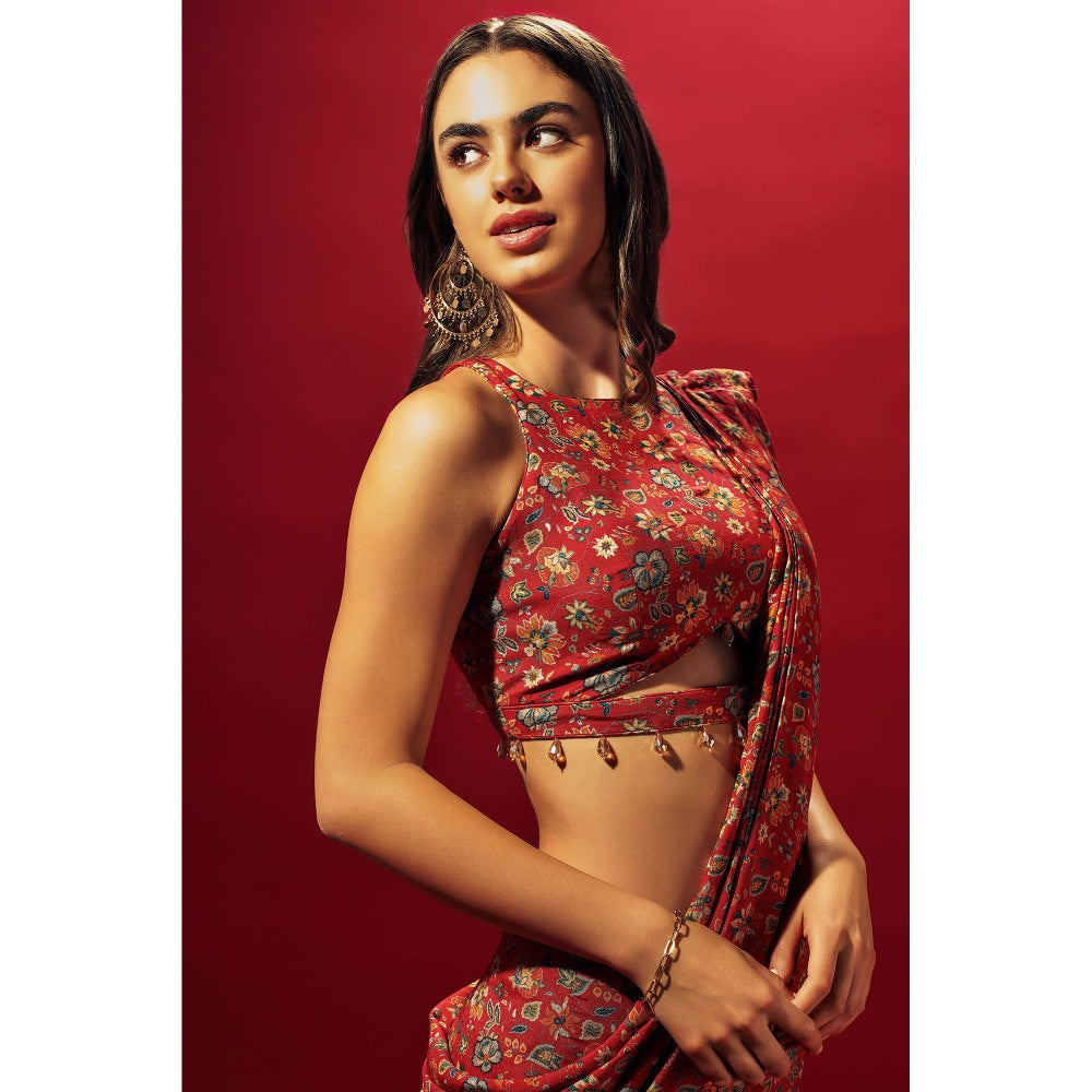 SAMMOHI BY MOKSHA & HIRAL Red Floral Chintz Layered Saree with Stitched Blouse