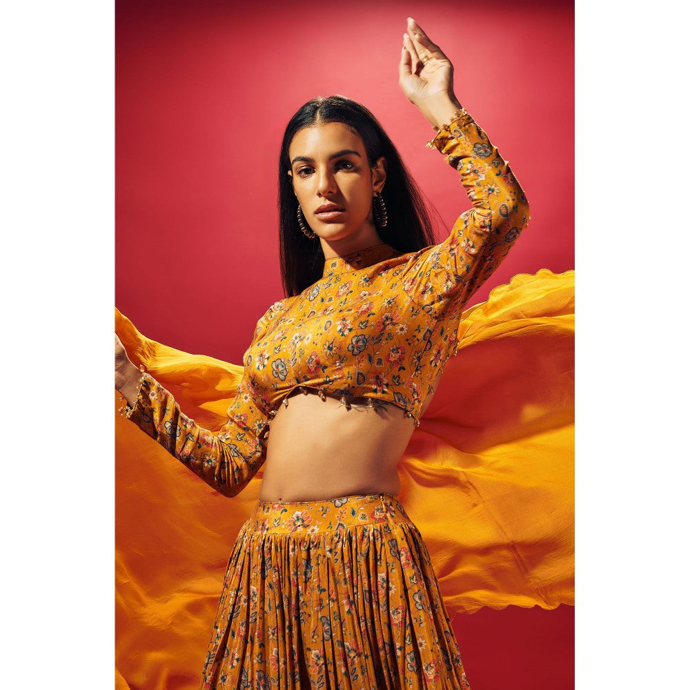 SAMMOHI BY MOKSHA & HIRAL Mustard Layered Lehenga With Blouse And Dupatta (Set of 3)
