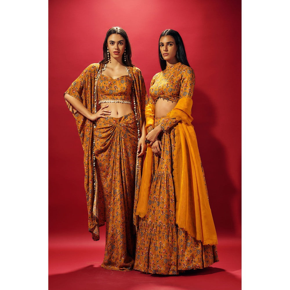 SAMMOHI BY MOKSHA & HIRAL Mustard Floral Draped Skirt With Blouse And Cape (Set of 3)