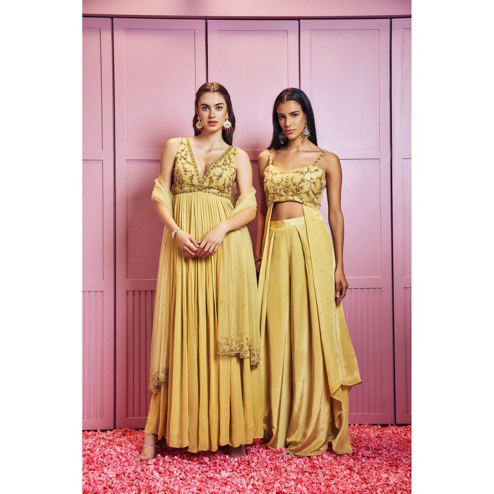 SAMMOHI BY MOKSHA & HIRAL Lemon Yellow Embellished Indowestern Co-Ord (Set of 2)