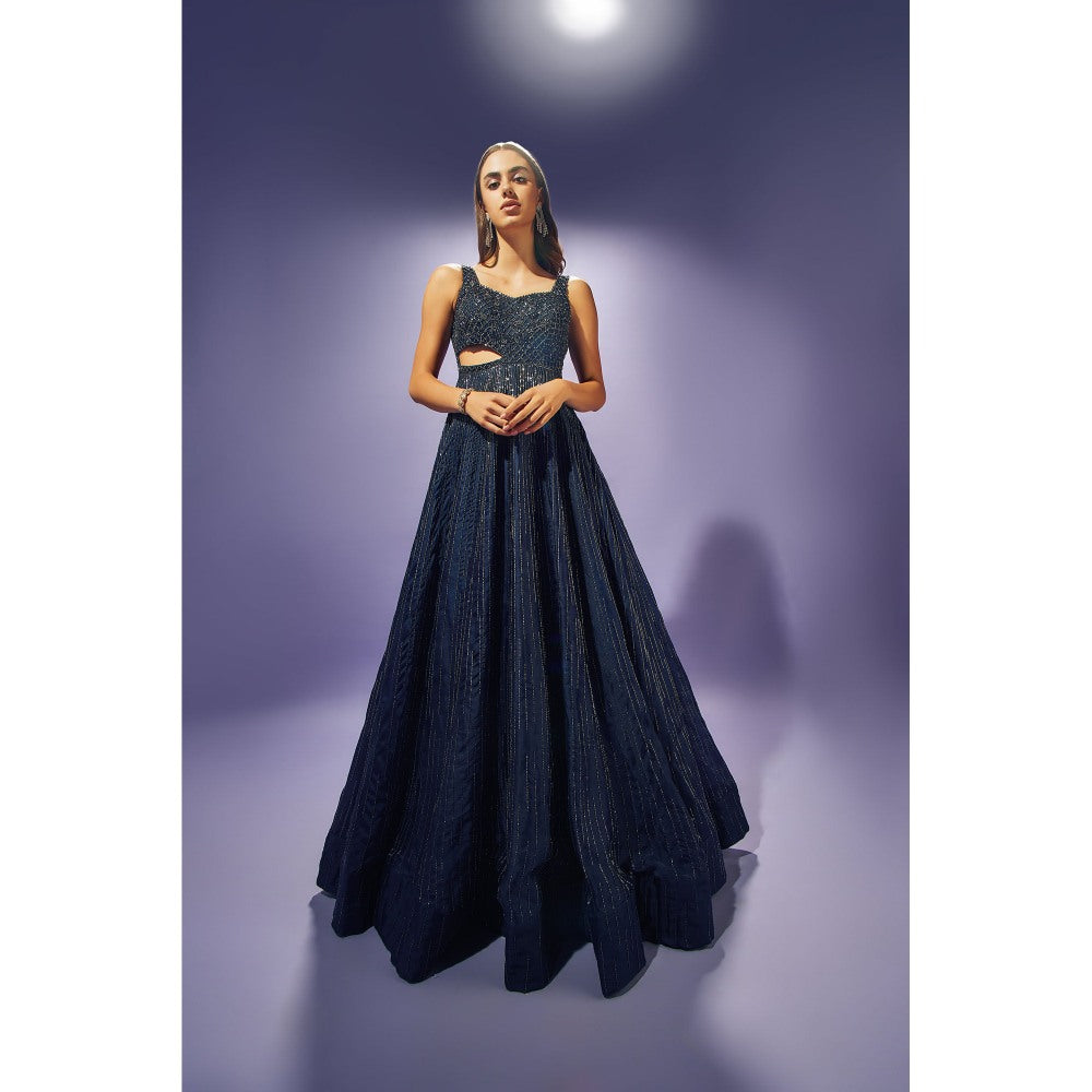 SAMMOHI BY MOKSHA & HIRAL Navy Blue Hand Embellished Gown In Silk Organza