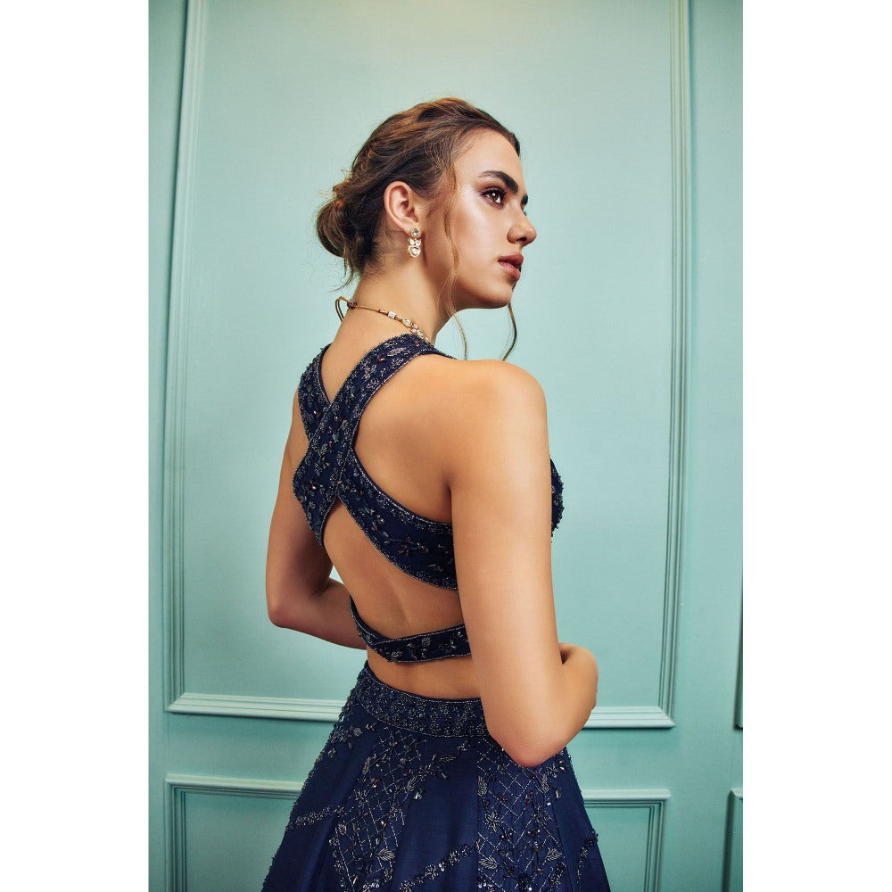 SAMMOHI BY MOKSHA & HIRAL Blue Embroidered Lehenga With Stitched Blouse And Dupatta (Set of 3)