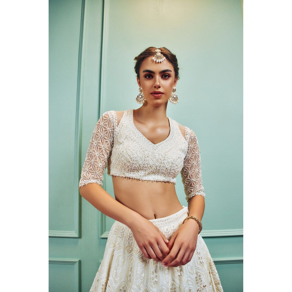 SAMMOHI BY MOKSHA & HIRAL Ivory Embroidered Lehenga With Stitched Blouse And Dupatta (Set of 3)