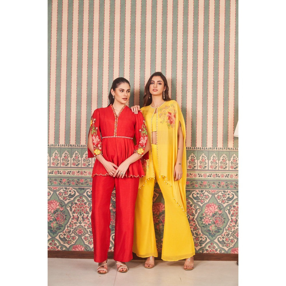 SAMMOHI BY MOKSHA & HIRAL Yellow Hand Embroidery Cape with Blouse and Flared Pant (Set of 3)