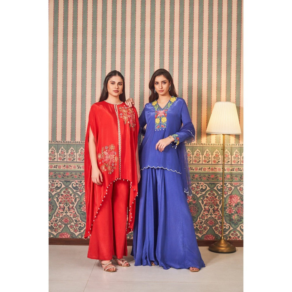 SAMMOHI BY MOKSHA & HIRAL Red Elegant Hand Appliqued Flowers Cape Top with Pant (Set of 2)